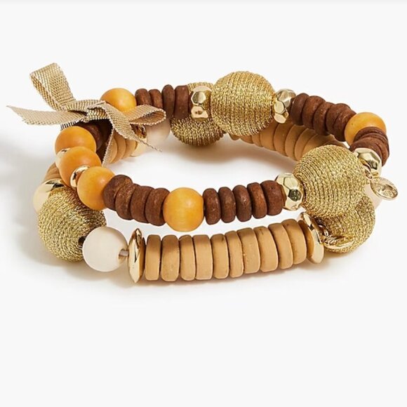 J. Crew Wrapped Wooden Beaded Bracelets Set, Boho Chic, Gold Brown - Picture 2 of 5